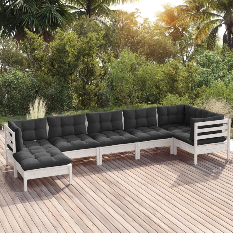 7-tlg. Garten-Lounge-Set mit Kissen Weiß Kiefer Massivholz