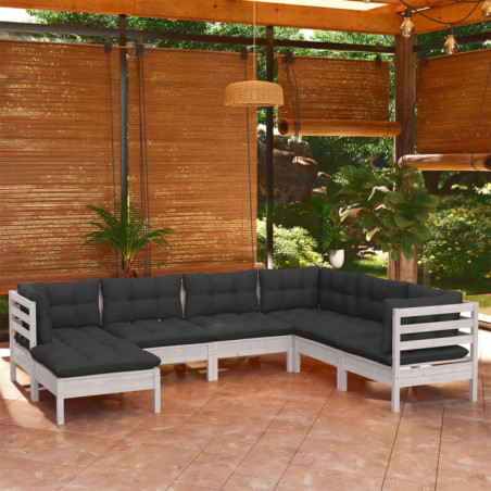 7-tlg. Garten-Lounge-Set mit Kissen Weiß Kiefer Massivholz