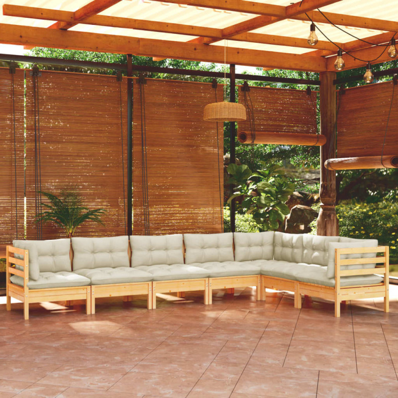 7-tlg. Garten-Lounge-Set mit Creme Kissen Massivholz Kiefer