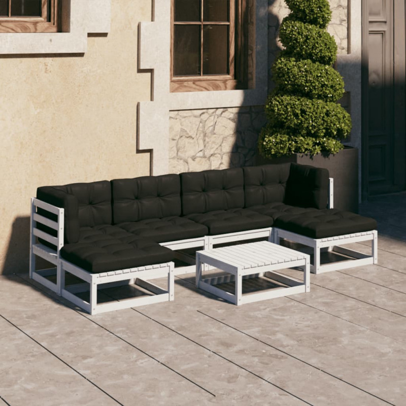 7-tlg. Garten-Lounge-Set mit Kissen Weiß Kiefer Massivholz