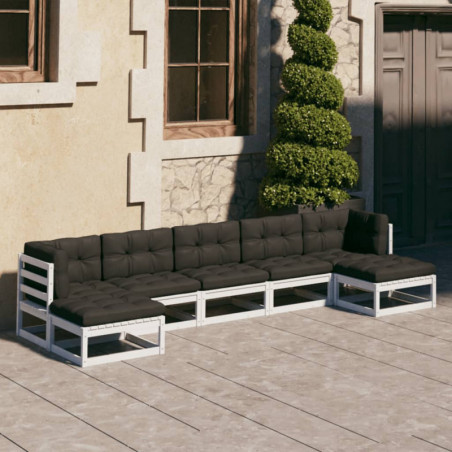 7-tlg. Garten-Lounge-Set mit Kissen Weiß Kiefer Massivholz