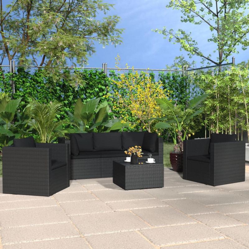 4-tlg. Garten-Lounge-Set mit Kissen Poly Rattan Schwarz