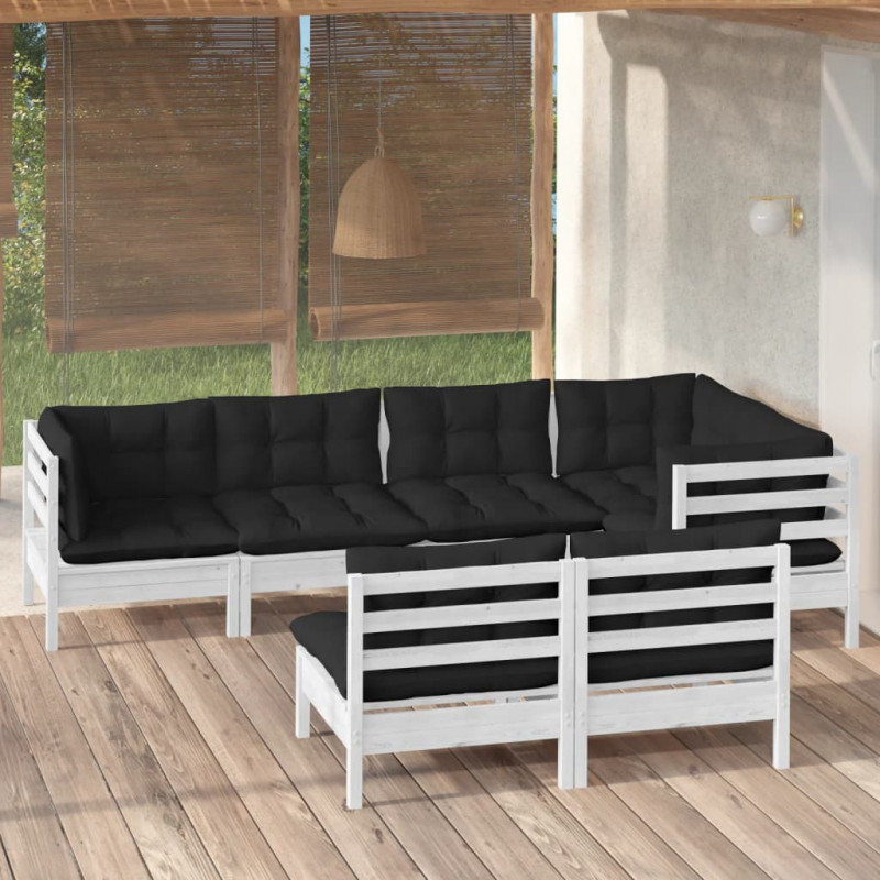 7-tlg. Garten-Lounge-Set mit Kissen Weiß Kiefer Massivholz