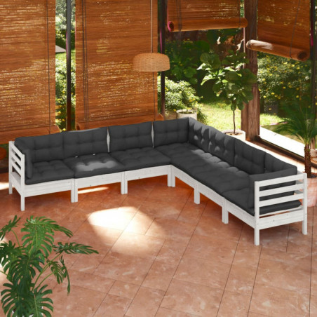 7-tlg. Garten-Lounge-Set mit Kissen Weiß Kiefer Massivholz