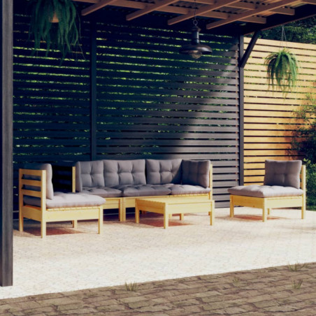 6-tlg. Garten-Lounge-Set mit Grauen Kissen Kiefer Massivholz
