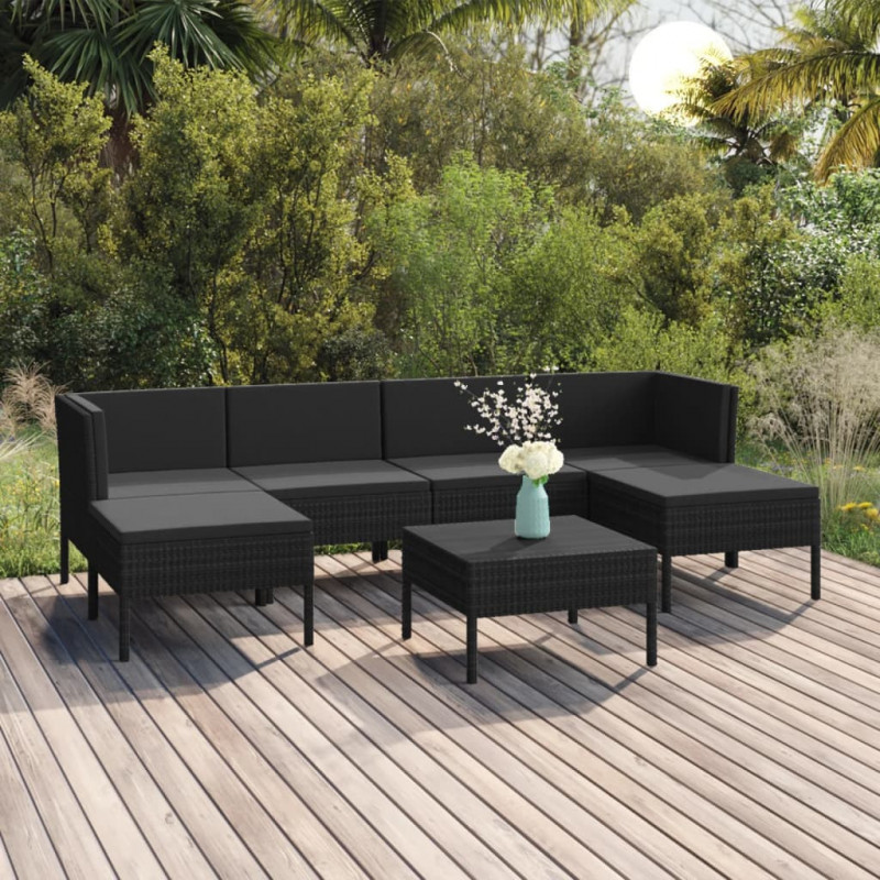 7-tlg. Garten-Lounge-Set Momilani mit Auflagen Poly Rattan Schwarz