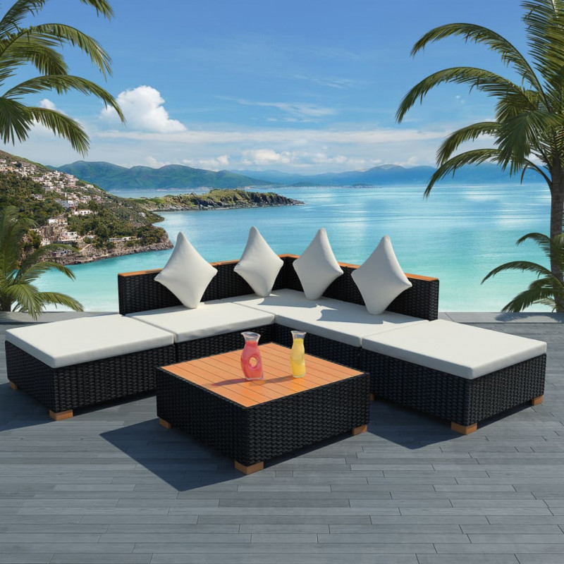 6-tlg. Garten-Lounge-Set Leonora mit Auflagen Poly Rattan Schwarz