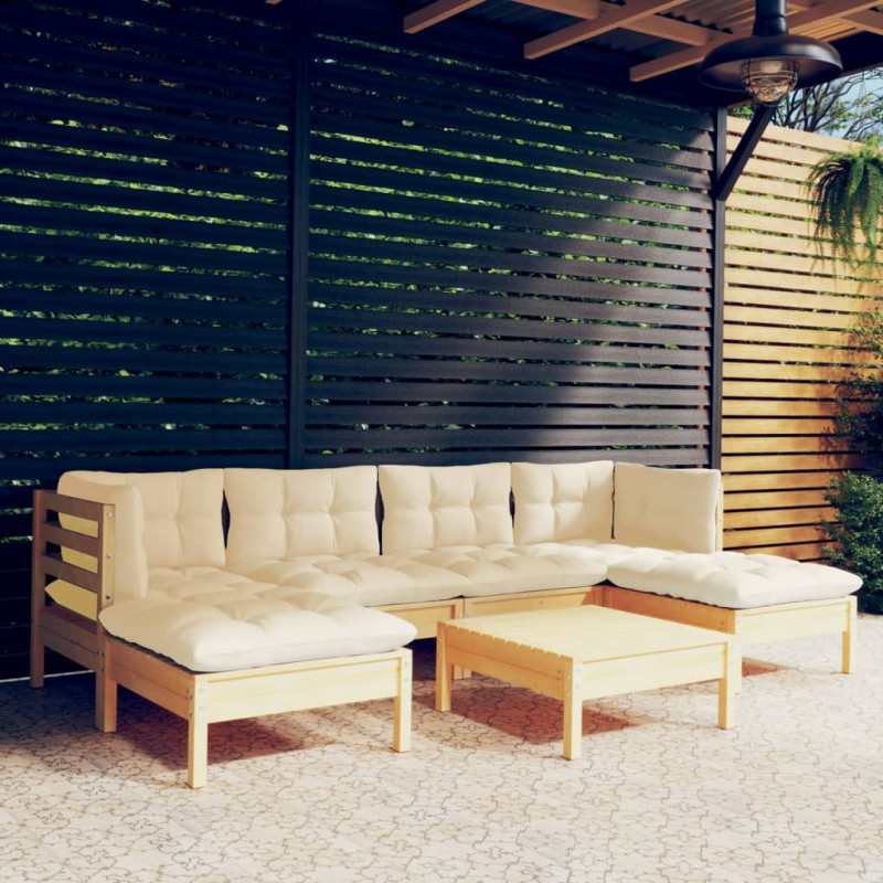 7-tlg. Garten-Lounge-Set mit Creme Kissen Kiefernholz