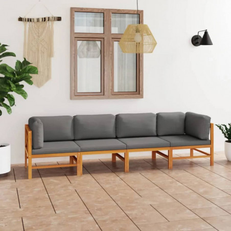 4-Sitzer-Gartensofa mit Grauen Kissen Massivholz Teak