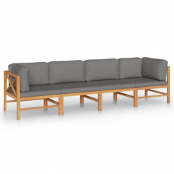 4-Sitzer-Gartensofa mit Grauen Kissen Massivholz Teak