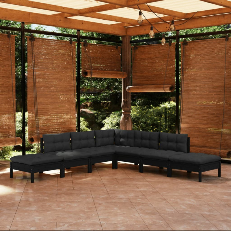 7-tlg. Garten-Lounge-Set mit Kissen Schwarz Kiefernholz