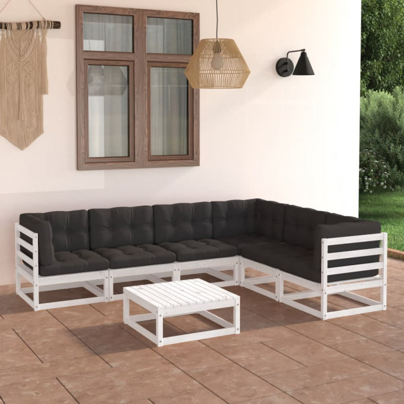 7-tlg. Garten-Lounge-Set mit Kissen Weiß Kiefer Massivholz