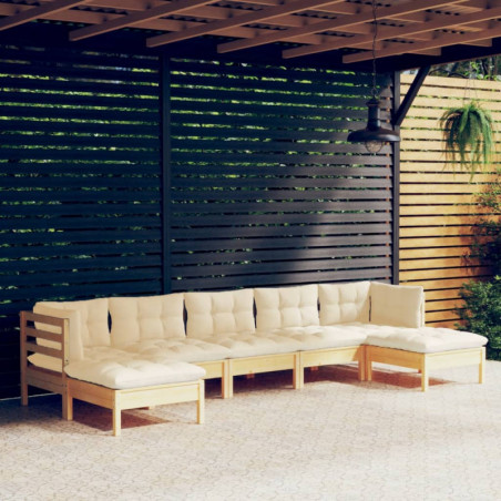 7-tlg. Garten-Lounge-Set mit Creme Kissen Kiefernholz