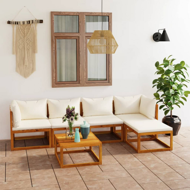 6-tlg. Garten-Lounge-Set mit Auflagen Creme Massivholz Akazie