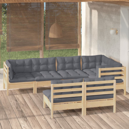 7-tlg. Garten-Lounge-Set mit Grauen Kissen Kiefer Massivholz