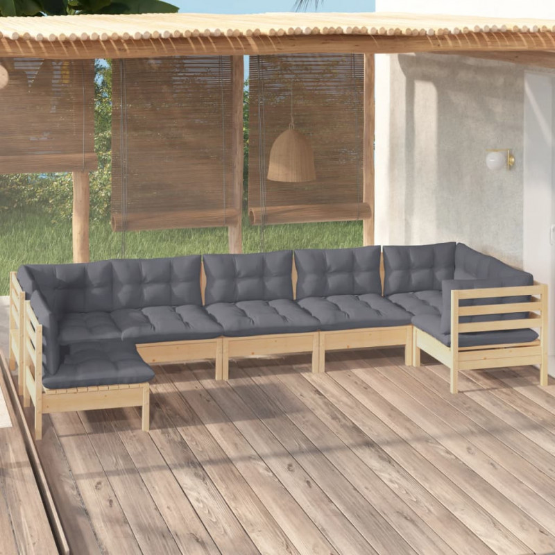 7-tlg. Garten-Lounge-Set mit Grauen Kissen Kiefernholz