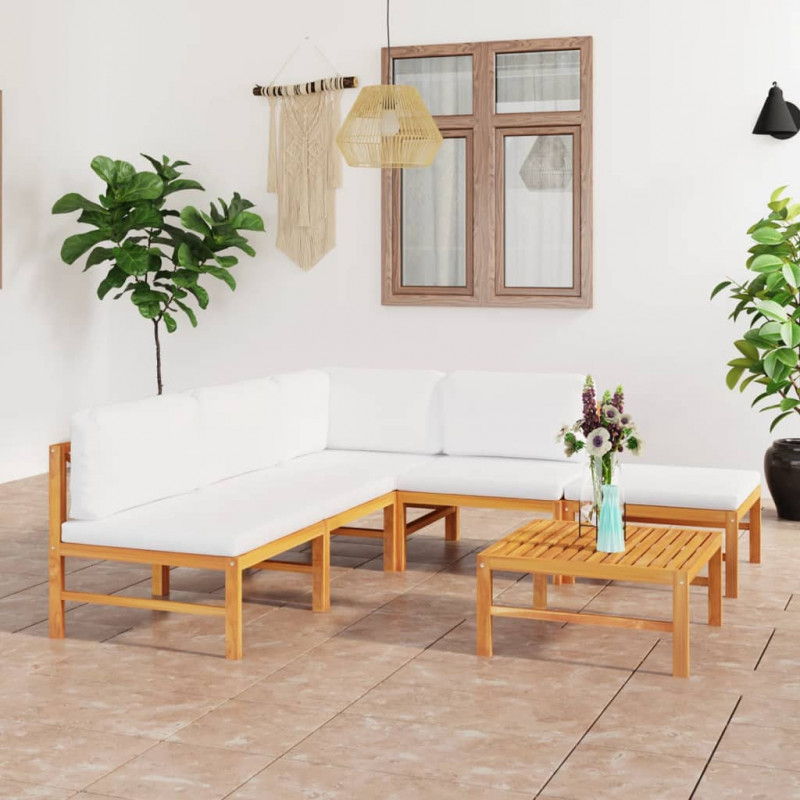 6-tlg. Garten-Lounge-Set mit Creme Kissen Massivholz Teak