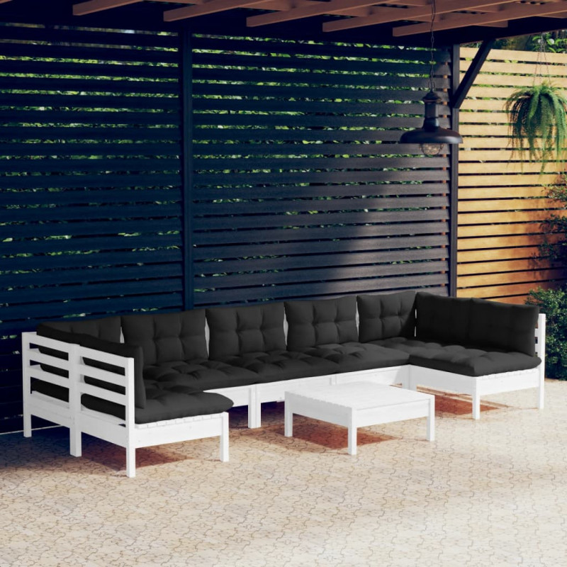 8-tlg. Garten-Lounge-Set mit Kissen Weiß Kiefer Massivholz