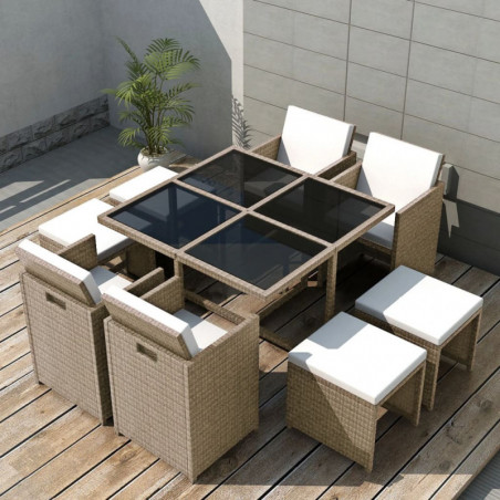 9-tlg. Garten-Essgruppe Rico mit Auflagen Poly Rattan Beige