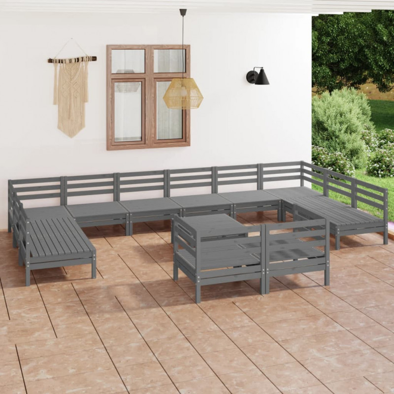 13-tlg. Garten-Lounge-Set Grau Kiefer Massivholz