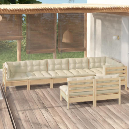 8-tlg. Garten-Lounge-Set mit Creme Kissen Massivholz Kiefer