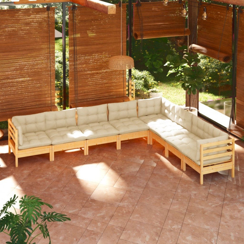 8-tlg. Garten-Lounge-Set mit Creme Kissen Massivholz Kiefer