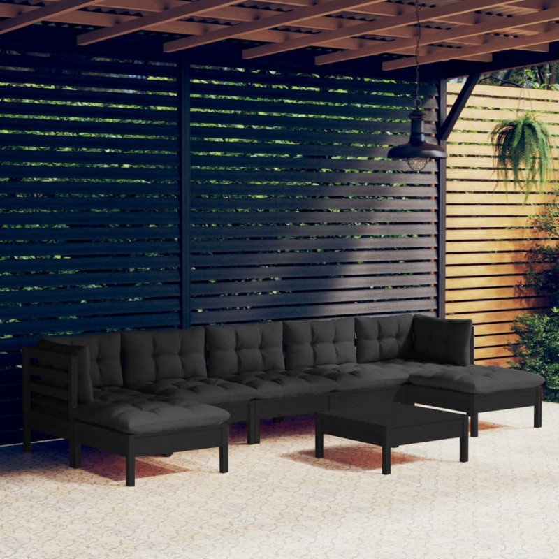 8-tlg. Garten-Lounge-Set mit Kissen Schwarz Kiefernholz