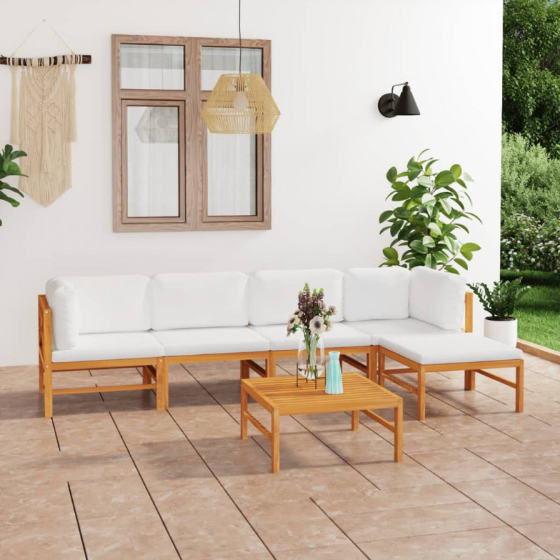 6-tlg. Garten-Lounge-Set mit Creme Kissen Massivholz Teak