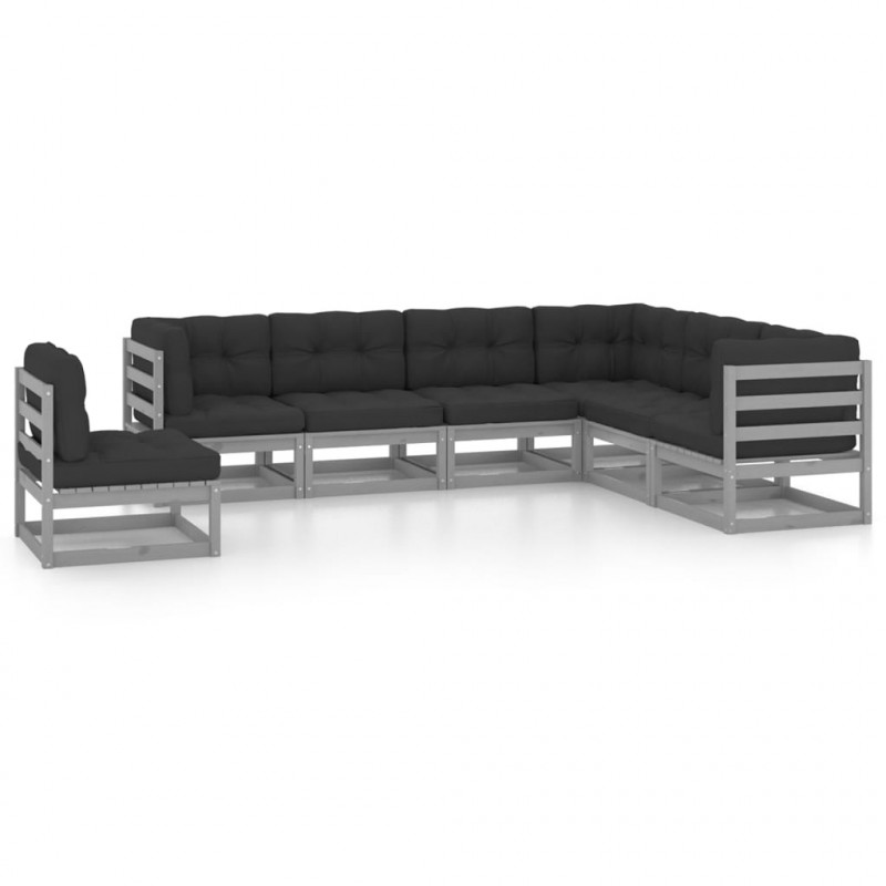 7-tlg. Garten-Lounge-Set mit Kissen Grau Kiefer Massivholz