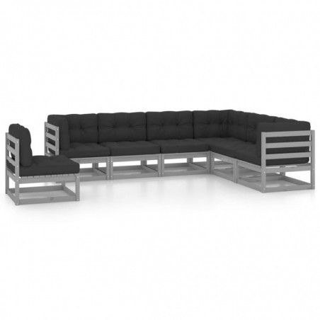 7-tlg. Garten-Lounge-Set mit Kissen Grau Kiefer Massivholz