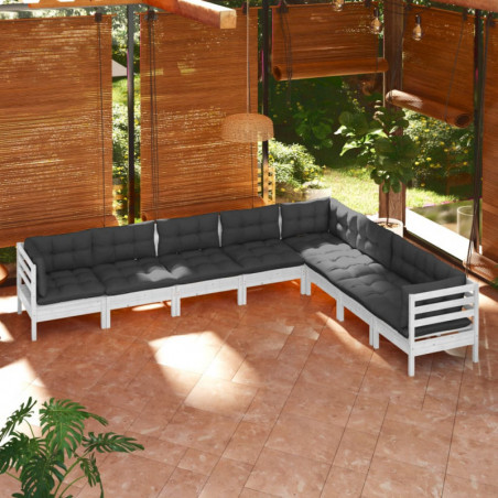 8-tlg. Garten-Lounge-Set mit Kissen Weiß Kiefer Massivholz