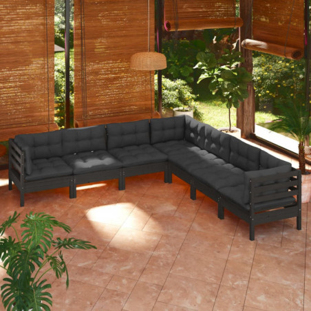 7-tlg. Garten-Lounge-Set mit Kissen Schwarz Kiefer Massivholz