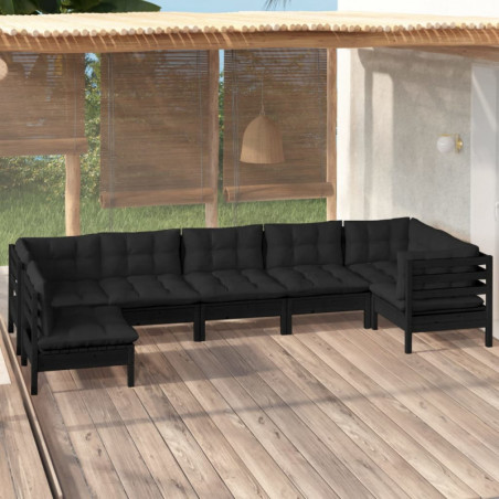 7-tlg. Garten-Lounge-Set mit Kissen Schwarz Kiefernholz