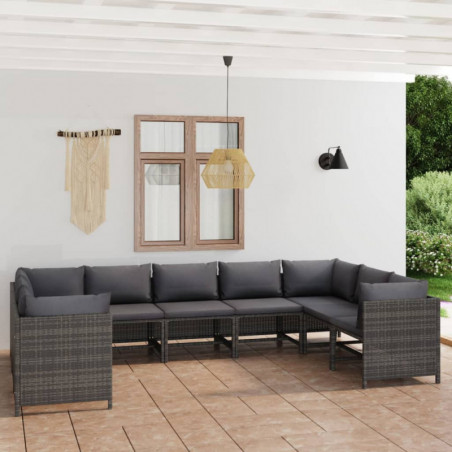 9-tlg. Garten-Lounge-Set mit Kissen Poly Rattan Grau