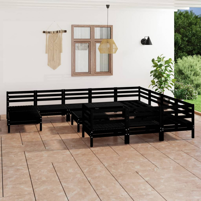 12-tlg. Garten-Lounge-Set Schwarz Massivholz Kiefer