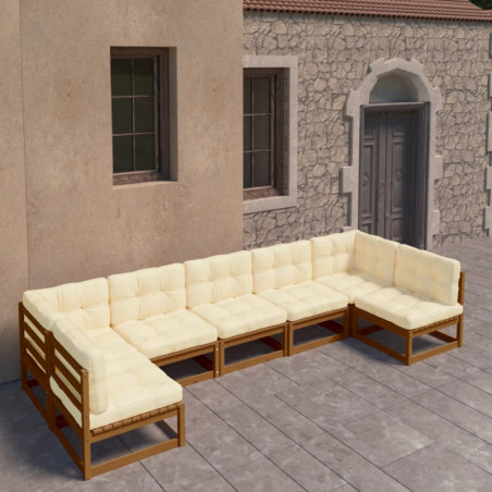 7-tlg. Garten-Lounge-Set Kissen Honigbraun Kiefer Massivholz