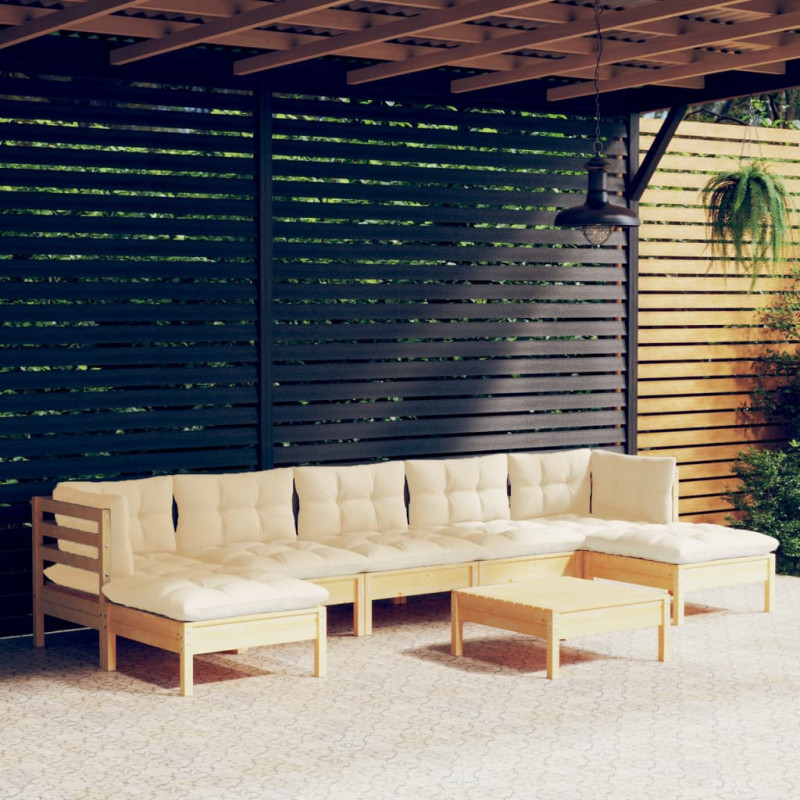 8-tlg. Garten-Lounge-Set mit Creme Kissen Kiefernholz