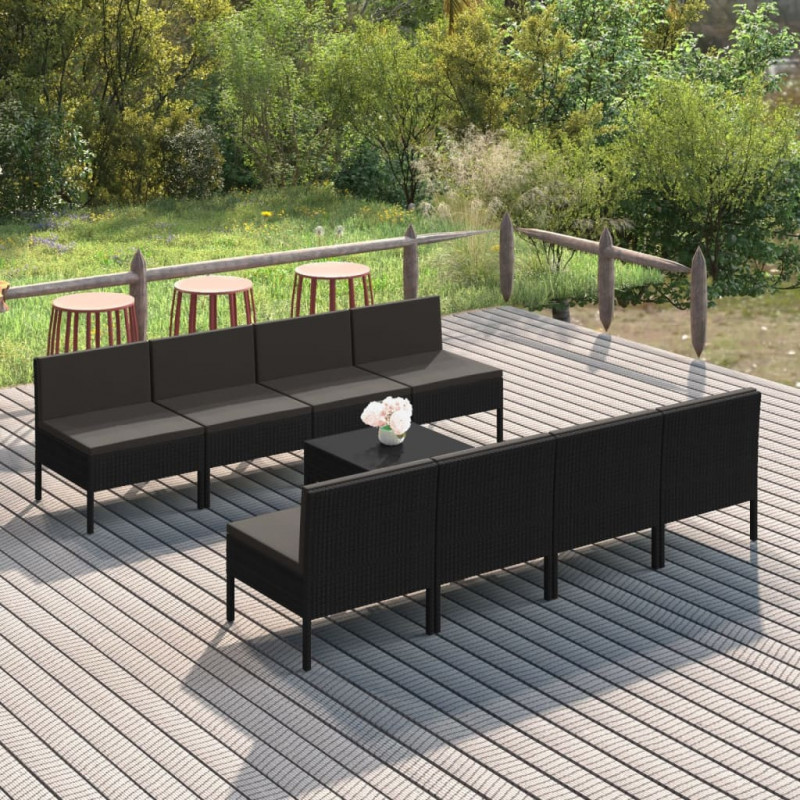 9-tlg. Garten-Lounge-Set mit Auflagen Poly Rattan Schwarz