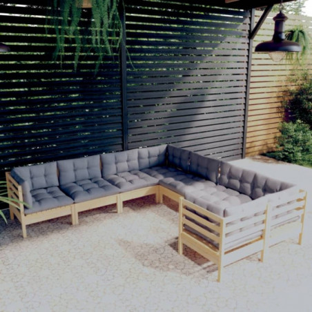 8-tlg. Garten-Lounge-Set mit Grauen Kissen Massivholz Kiefer