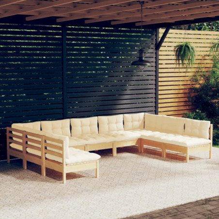 9-tlg. Garten-Lounge-Set mit Creme Kissen Massivholz Kiefer