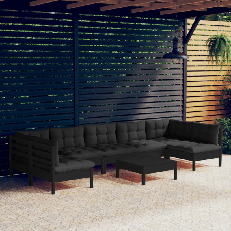 8-tlg. Garten-Lounge-Set mit Kissen Schwarz Massivholz Kiefer