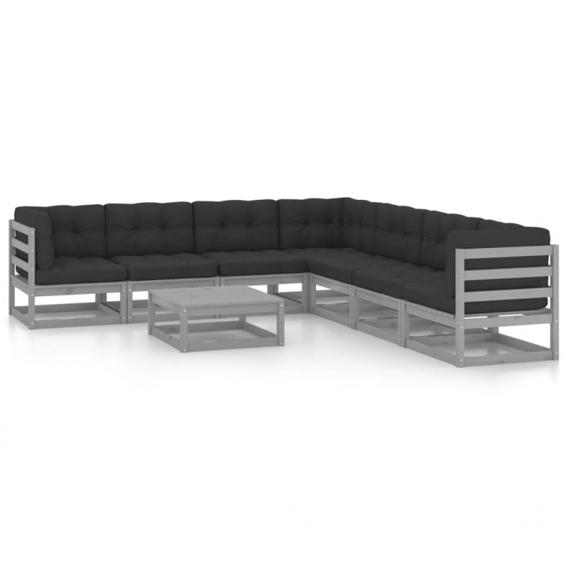 8-tlg. Garten-Lounge-Set mit Kissen Grau Kiefer Massivholz