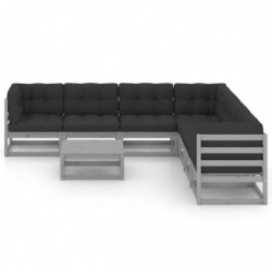 8-tlg. Garten-Lounge-Set mit Kissen Grau Kiefer Massivholz