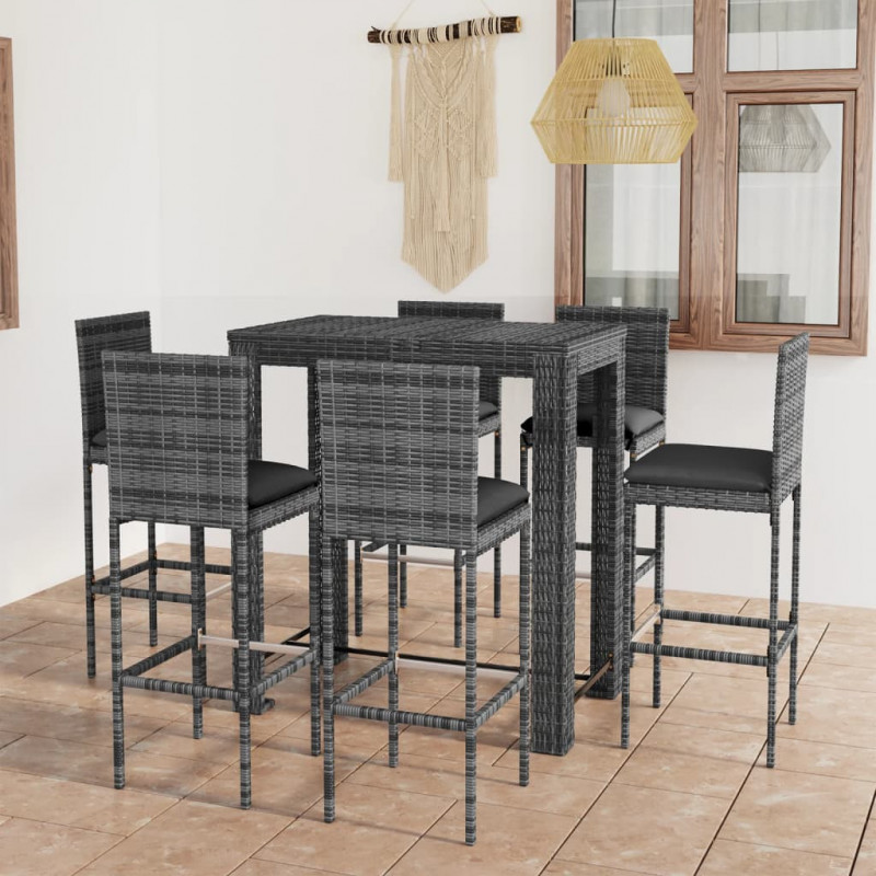 7-tlg. Gartenbar-Set mit Kissen Poly Rattan Grau