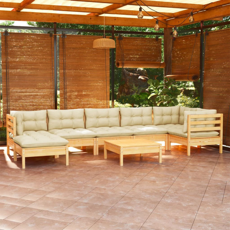 8-tlg. Garten-Lounge-Set mit Creme Kissen Massivholz Kiefer