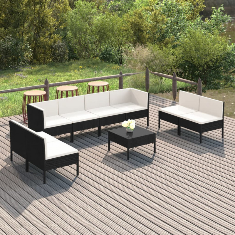 9-tlg. Garten-Lounge-Set mit Auflagen Poly Rattan Schwarz