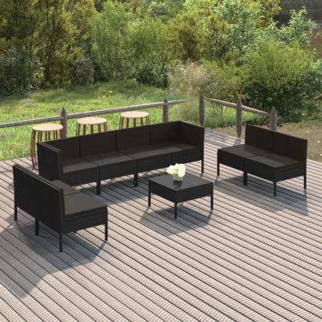 9-tlg. Garten-Lounge-Set mit Auflagen Poly Rattan Schwarz