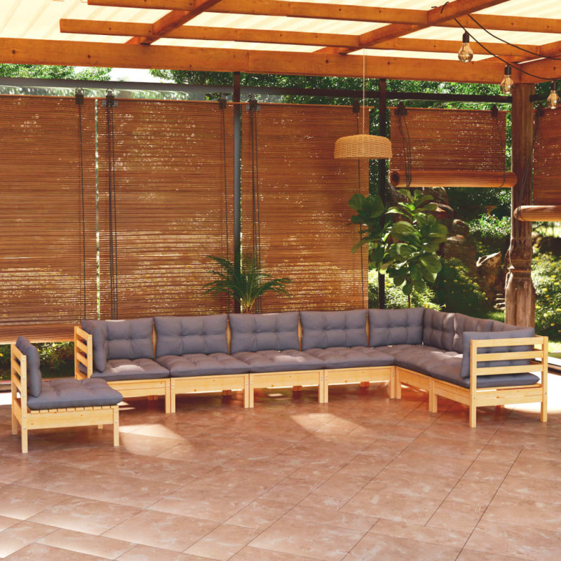 8-tlg. Garten-Lounge-Set mit Grauen Kissen Kiefer Massivholz