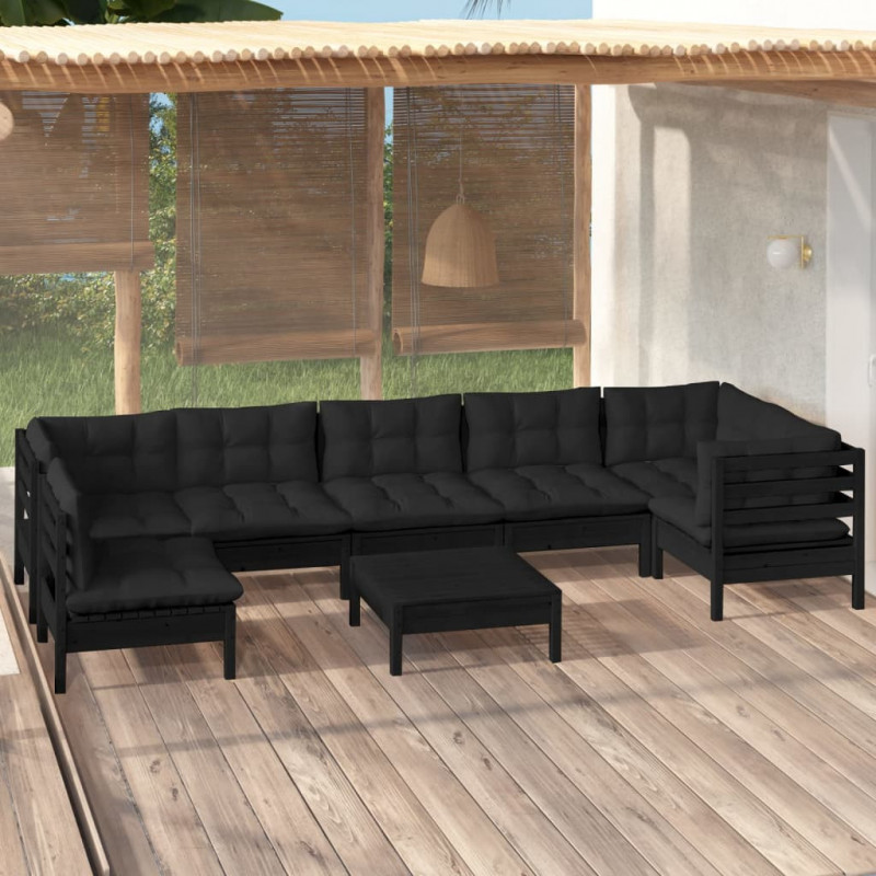 8-tlg. Garten-Lounge-Set mit Kissen Schwarz Kiefernholz