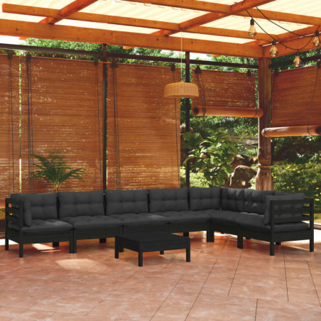 8-tlg. Garten-Lounge-Set mit Kissen Schwarz Massivholz Kiefer